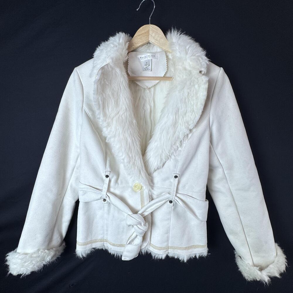 White House Black Market Jacket Womens XS White Faux Suede Fur Belted Coat